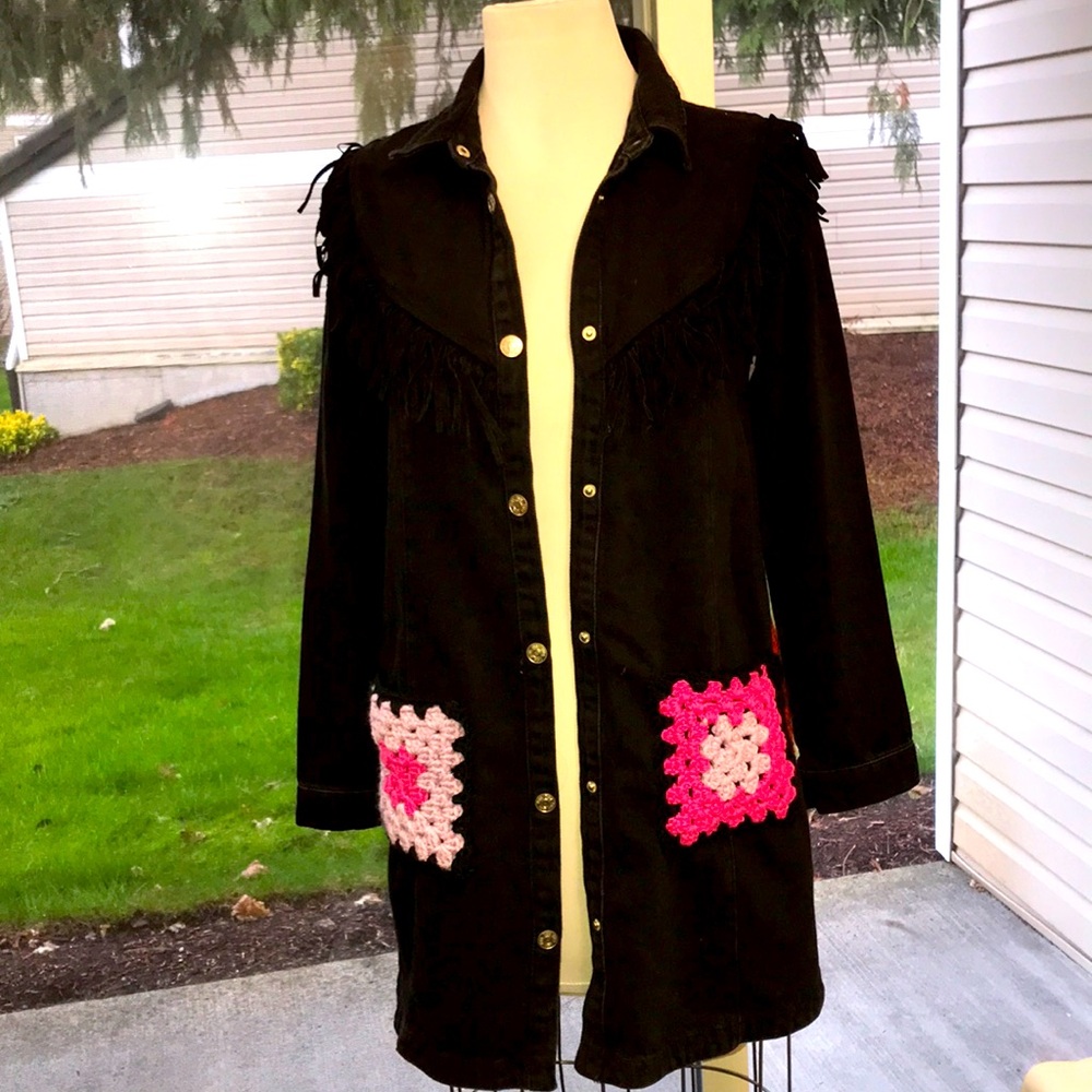 Women’s UPCYCLED Western Vintage Denim Jacket With Fringe Sz. 13-14 BLK